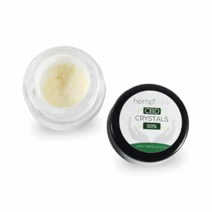 CBD Crystals 99% hempcare open potje vista dall'alto