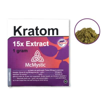 Kratom 15x 1 gram Front view + contents McMystic