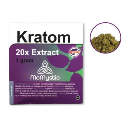 Kratom 20x 1 gram Front view + contents McMystic