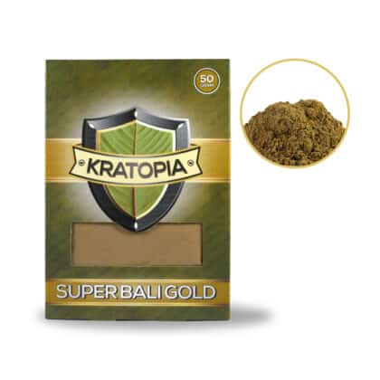 Super Bali Gold Kratom Frontansicht + Inhalt Kratopia